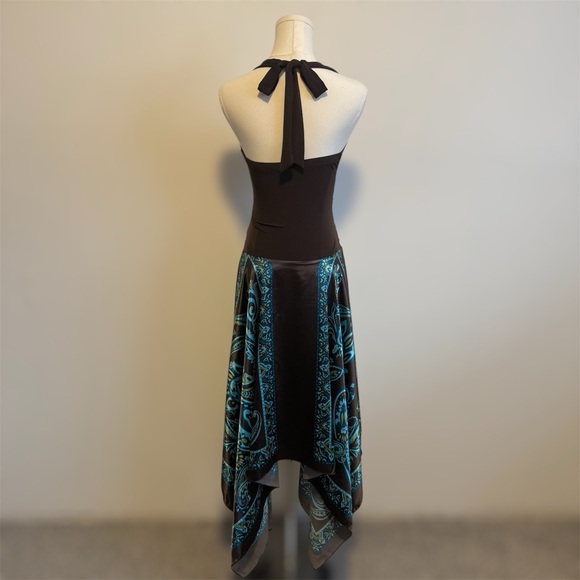 STUDIO Y Vintage Y2K Brown Blue Paisley V Neck Handkerchief Hem Halter Dress - Picture 5 of 11